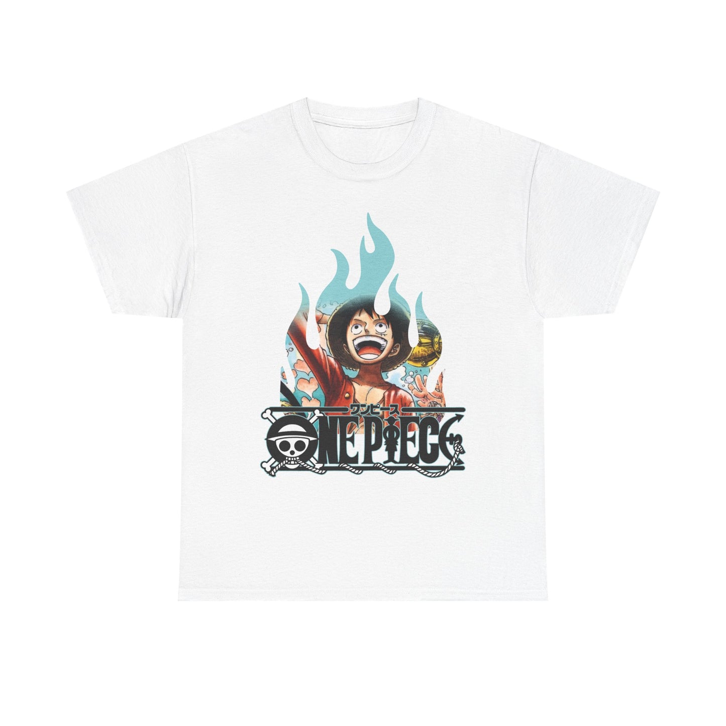 Elegant white graphic tee showcasing a cheerful character amidst dynamic flames and classic logo design, ideal for fans and fashion enthusiasts alike.