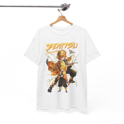 Chic Zenitsu Agatsuma t-shirt displayed on a stylish hanger, highlighting premium fabric and bold anime design, ideal for contemporary wardrobes.