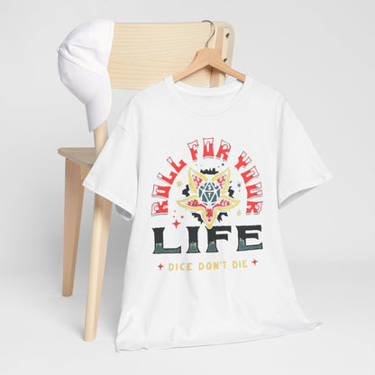 Stylish white t-shirt displayed on a chair alongside a white cap, featuring the bold 'ROLL FOR YOUR LIFE' print, ideal for those who embrace luxurious casual wear.