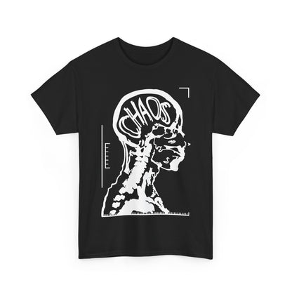 CHAOS Graphic Unisex T-Shirt in Premium Cotton showcasing a stunning black and white X-ray art design, elegantly displayed on a clean white background.
