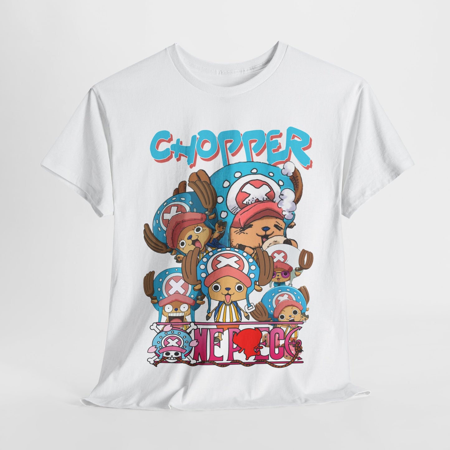 Luxury graphic t-shirt showcasing Chopper's fun expressions, vibrant design with playful cartoon style, perfect for anime enthusiasts.