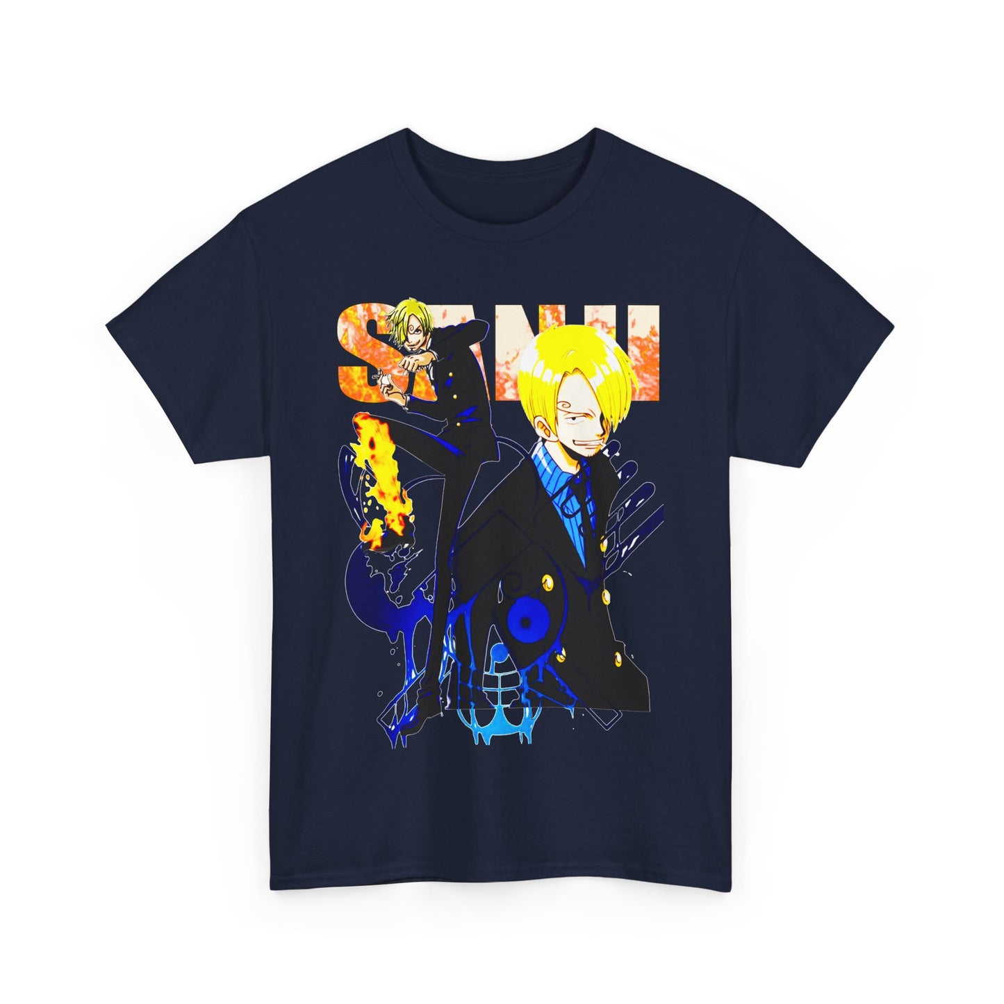 Chic navy anime graphic t-shirt featuring bold colours and dynamic artwork, designed for fashion-forward individuals.