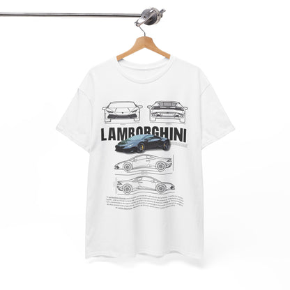 Luxury unisex T-shirt design featuring Lamborghini Huracán technical drawing, showcasing the car's sleek design and specifications.