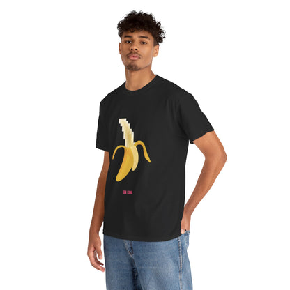 A fashionable male model confidently wearing a Pixelated Banana graphic t-shirt, featuring a vibrant design with bold lettering that emphasizes playful self-expression and modern elegance.