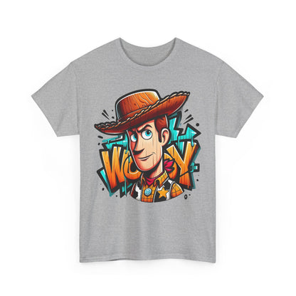 Front view of the grey Woody Graphic Unisex Cotton Tee, adorned with a dynamic Woody graphic, merging nostalgia with modern comfort.