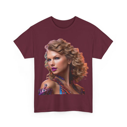 Front view of the Swifties psychedelic Taylor Swift Heavy Cotton Tee in burgundy, displaying a stunning design of Taylor Swift, ideal for fashionable enthusiasts.