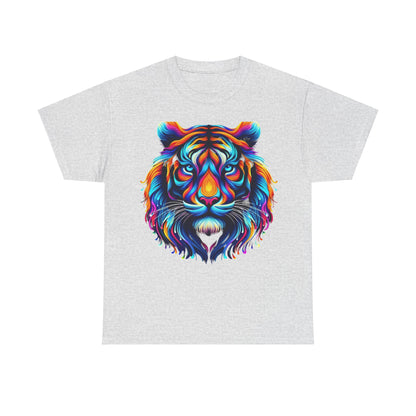 Tiger's Whimsy Graphic Tee - Unisex stylish t-shirt in light grey featuring a stunning kaleidoscopic tiger graphic, representing a harmonious blend of colour and creativity.