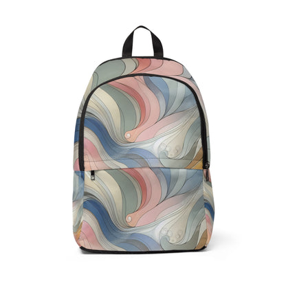 Sweat Harmony: Ultimate Fitness Challenge Backpack showcasing a vibrant abstract design in delicate pastel hues, featuring flowing lines and geometric shapes, perfect for both workouts and daily adventures.