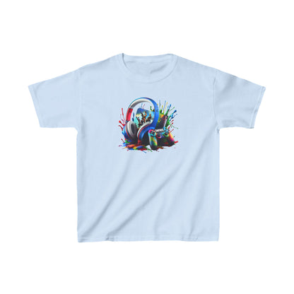 Unisex Children's Gaming Graphic Cotton Tee in light blue, designed with a playful graphic of gaming headphones and a controller, made from soft, breathable fabric for young gamers.