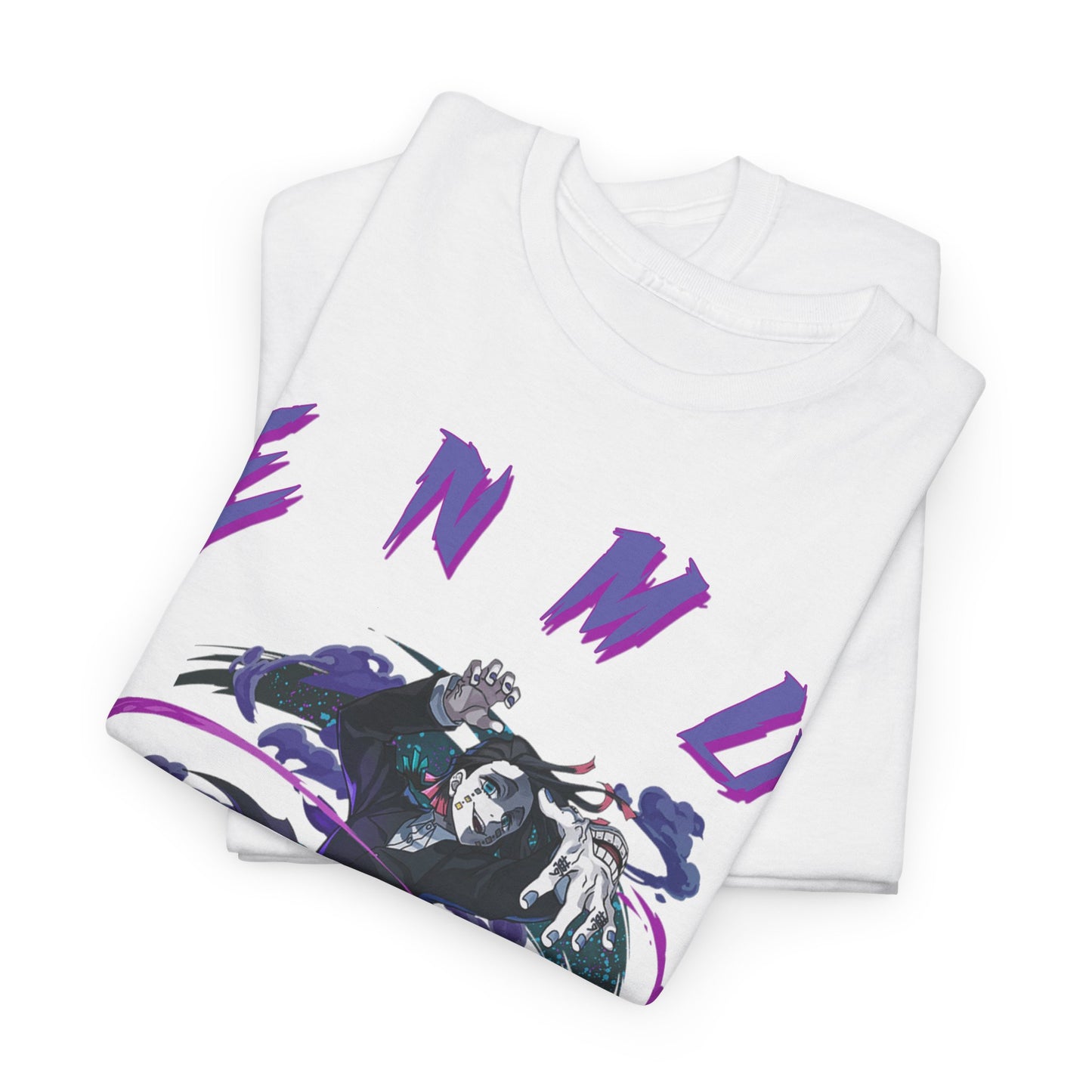 Chic folded white Enmu-inspired graphic T-shirt elegantly showcasing vibrant artwork of a key character from Demon Slayer, adorned with the daring 'ENMU' text, perfect for discerning anime enthusiasts.