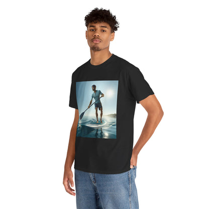Artistic view of the Delightfull Paddle Board Adventure T-Shirt displayed against a serene lake backdrop, designed for luxury paddleboarding fans by Dazzling Dreams Studio.