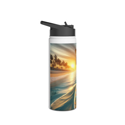 Fantasy Paddleboarding Stainless Steel Water Bottle featuring a captivating sunset view over a tranquil shoreline, perfect for luxury hydration.
