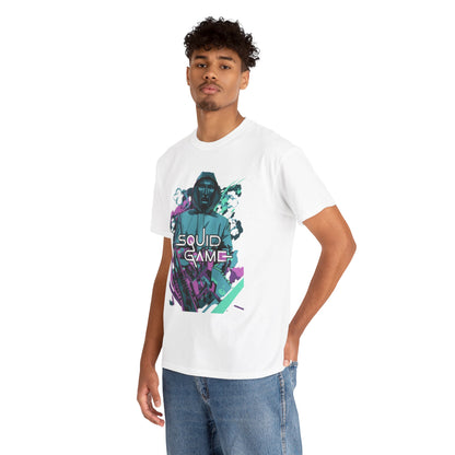 Model showcasing a premium graphic t-shirt with a standout Squid Game theme, elegantly styled to appeal to fans of chic urban fashion and striking designs.