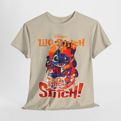 Chic Lilo & Stitch t-shirt displayed in a stylish layout, highlighting its bold design with Stitch and vibrant floral accents, suitable for casual outings or relaxed gatherings.