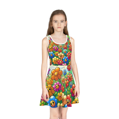 Beautiful young girl wearing the Sophie Buttonwood Girls AOP Pencil Dress with vibrant cartoon floral patterns, radiating joy suitable for sunny day adventures.