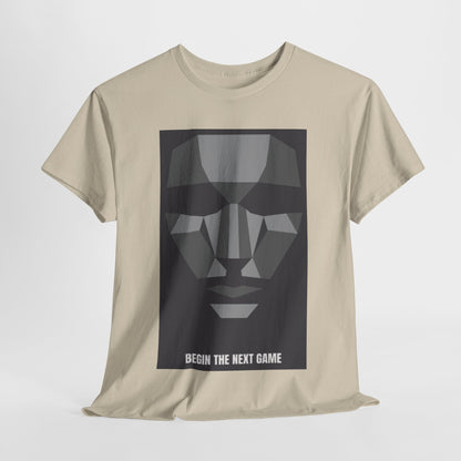 Luxury unisex graphic tee featuring a minimalist geometric design inspired by the iconic elements of survival games, with the text 'BEGIN THE NEXT GAME' elegantly displayed.