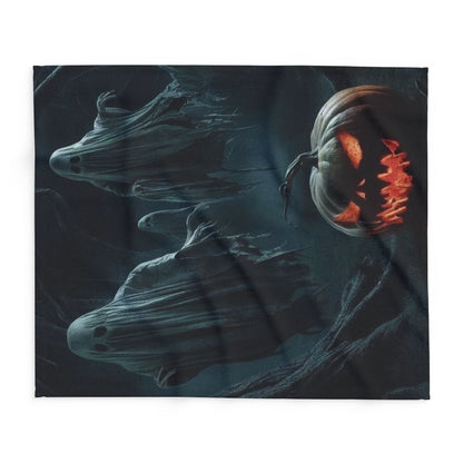 Detailed close-up of the Decorative and Warm Halloween Spooky Arctic Fleece Blanket featuring whimsical ghost and pumpkin design, enhancing Halloween elegance.