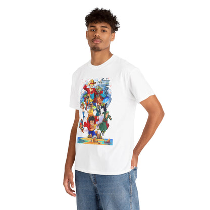 Sophisticated presentation of a luxury men's t-shirt adorned with beloved anime figures on a model, melding comfort and style.
