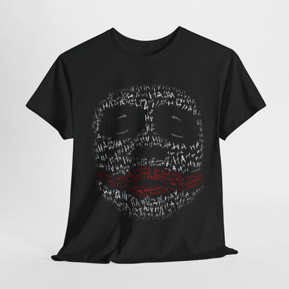 Luxurious black graphic t-shirt featuring a striking design of a mischievous smile, with bold red accents and intricate white lettering, ideal for fashion-forward enthusiasts.