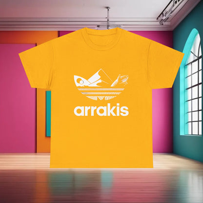 Arrakis Dune Graphic T-Shirt in bright orange, featuring a striking graphic that celebrates fantasy art. A versatile urban wear piece for style enthusiasts.
