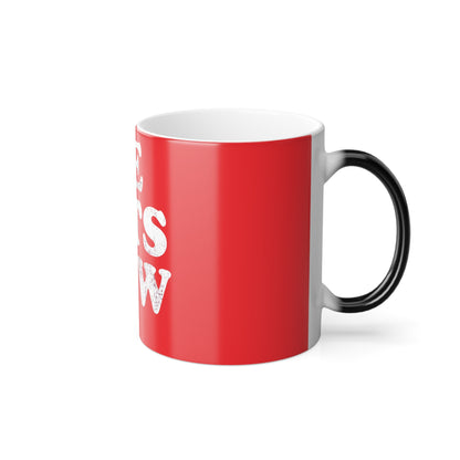 Let It Snow Le Tits Now Christmas Color Morphing Mug featuring a vibrant red exterior, perfect for festive joy and holiday cheer, ideal for novelty gift giving.
