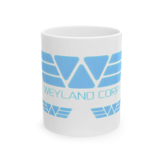 Weyland Corp Logo Ceramic Mug showcasing a striking blue design on a classic white background, ideal for an elegant coffee experience.