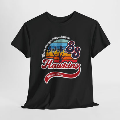 Stranger Things Funny men's women's Graphic T-Shirt Urban Unisex Cotton showcasing a vibrant retro design featuring the year '83, the word 'Hawkins', and playful bike silhouettes against a stylish black background.