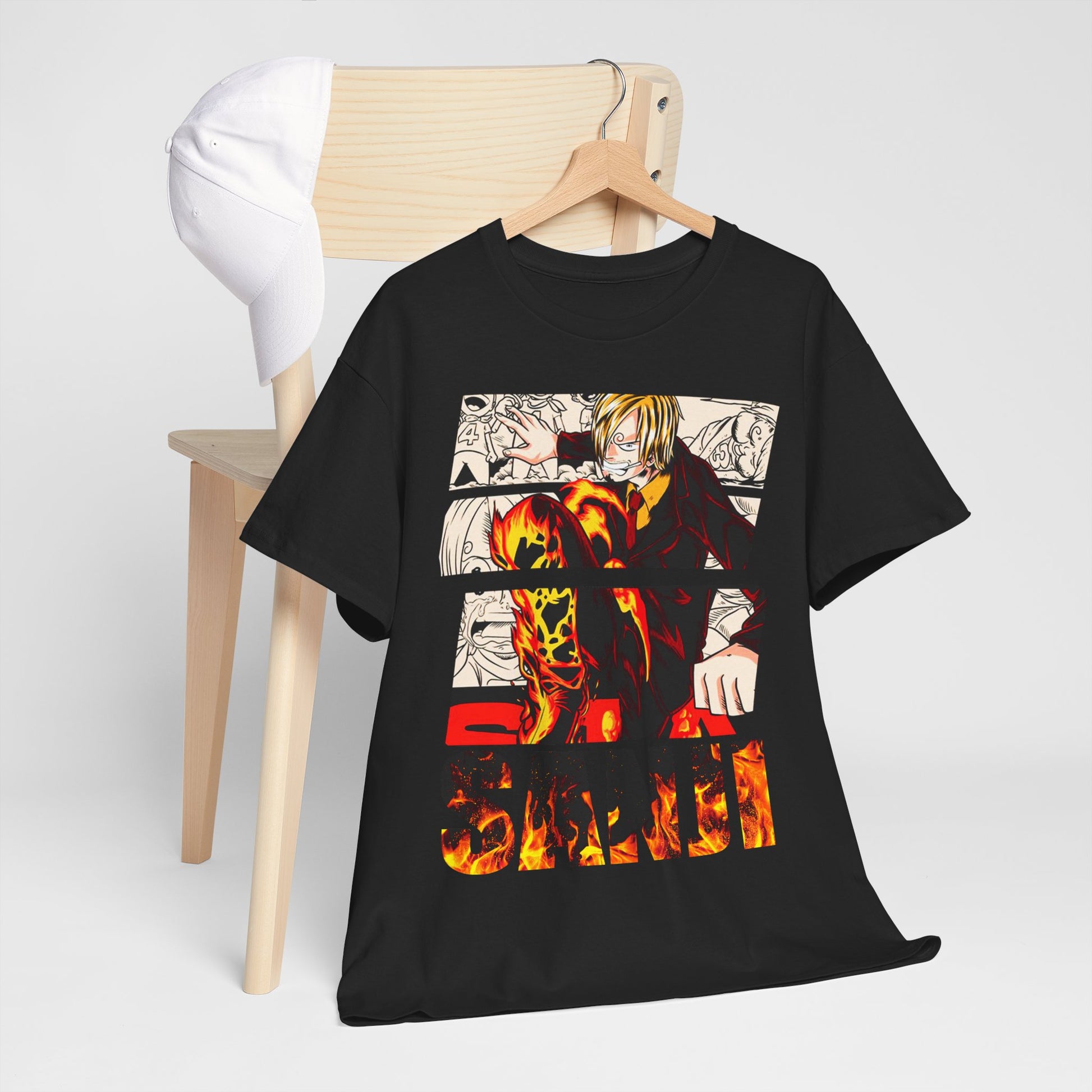 Elegant black t-shirt showcasing a striking illustration of the anime character Sanji, enhanced by fiery designs and bold typography, ideal for stylish anime fans.