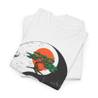 Stacked view of premium unisex t-shirts showcasing an intricate yin-yang graphic blending a striking bald eagle and a peaceful bonsai tree, perfect for martial arts enthusiasts.
