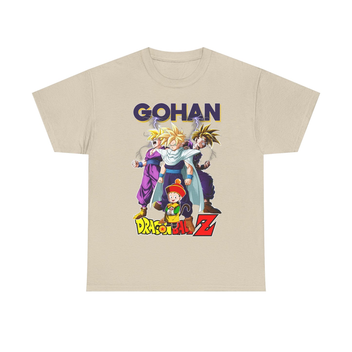 Luxury Gohan Ascends T-Shirt in beige showcasing vibrant graphic artwork of Gohan and iconic characters from Dragon Ball Z, embodying high-end anime fashion.