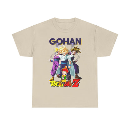 Luxury Gohan Ascends T-Shirt in beige showcasing vibrant graphic artwork of Gohan and iconic characters from Dragon Ball Z, embodying high-end anime fashion.