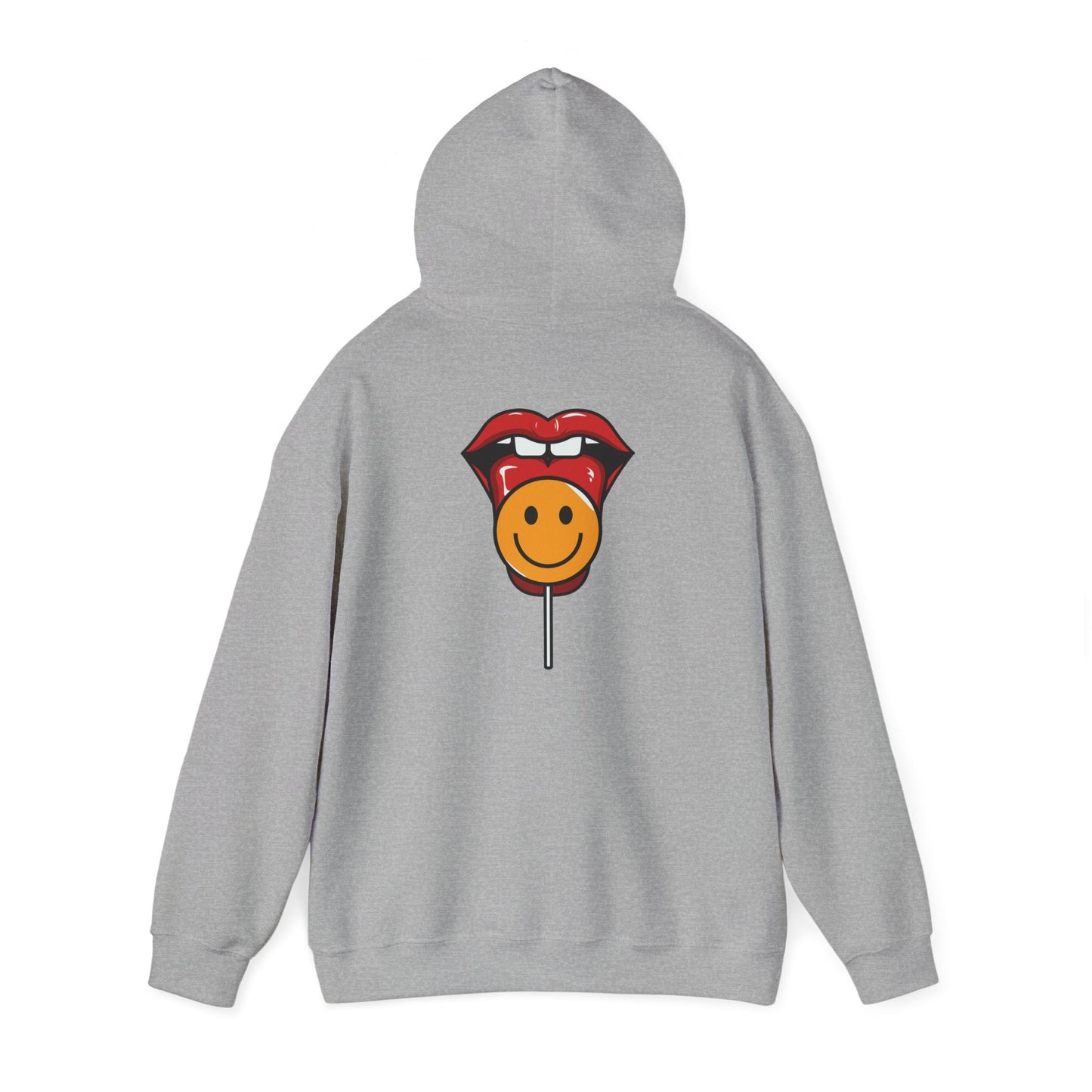 Stylish grey hoodie with a playful lollipop and smiley face graphic on the back, exuding luxury and fun in casual wear.