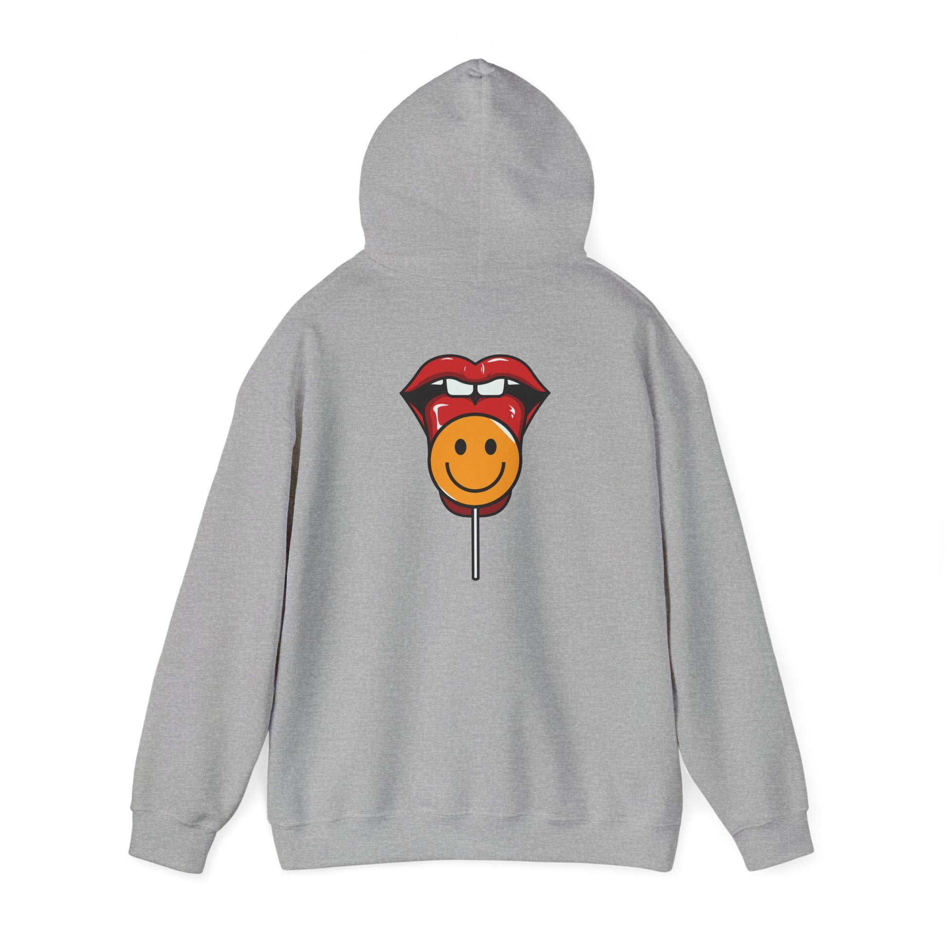 Stylish grey hoodie with a playful lollipop and smiley face graphic on the back, exuding luxury and fun in casual wear.