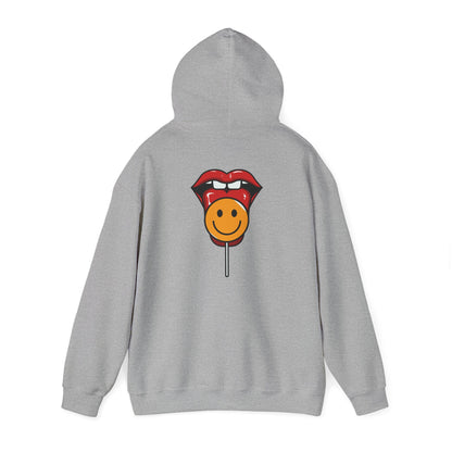 Stylish grey hoodie with a playful lollipop and smiley face graphic on the back, exuding luxury and fun in casual wear.