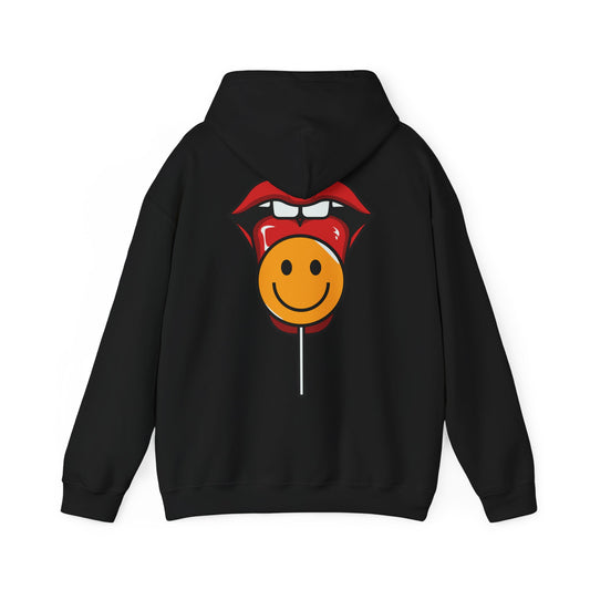 Elegant black hoodie adorned with a whimsical back graphic of red lips and a vibrant orange lollipop with a smiley face, perfect for playful luxury.