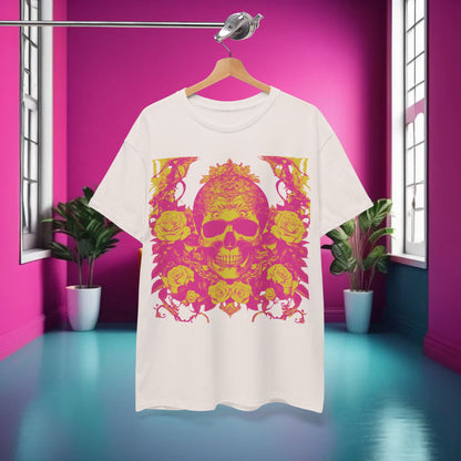Skulls and Roses Cotton Tee showcased elegantly in a stylish room, highlighting its unique graphic and luxurious craftsmanship.