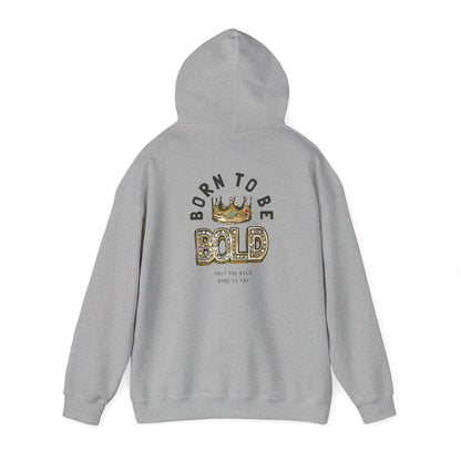 Luxurious grey hoodie showcasing an elegant back print featuring the phrase 'BORN TO BE BOLD' adorned with a golden crown design, ideal for making a stylish statement.