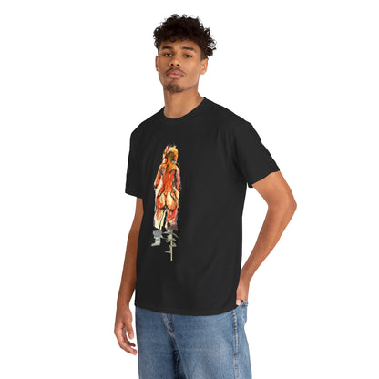 Trendy black graphic t-shirt worn by a model, featuring an artistic silhouette in warm colours, perfectly blending casual elegance with a touch of playful charm.