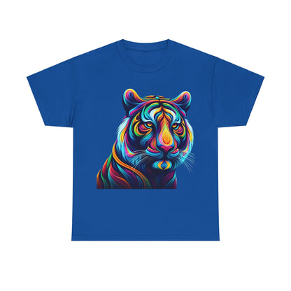 Tiger's Whimsy Graphic Unisex T-Shirt featuring an exquisite kaleidoscope tiger illustration in an array of bold colours on a royal blue backdrop, perfect for individuals with a flair for creativity.