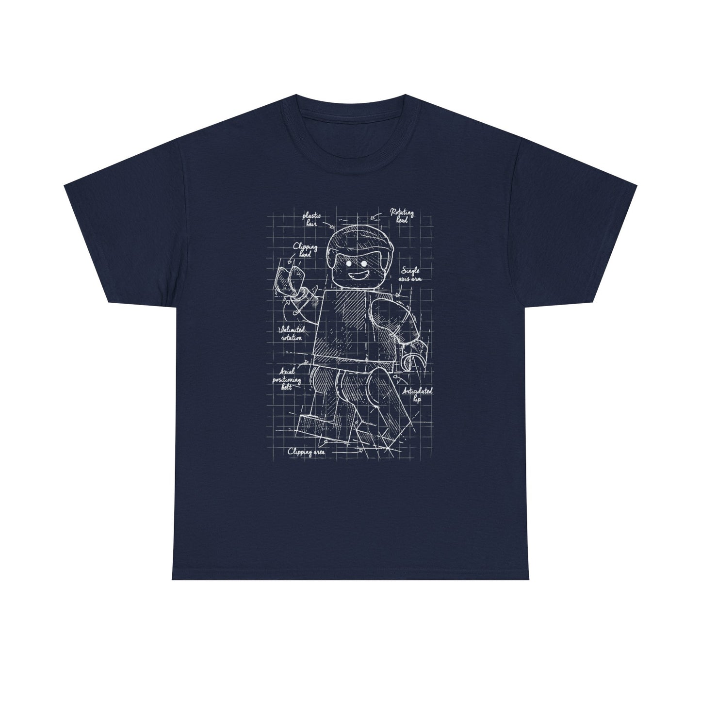 Noble navy men's t-shirt characterized by a creative sketch of an articulated Lego figure blueprint, complete with annotations for a touch of artistry.