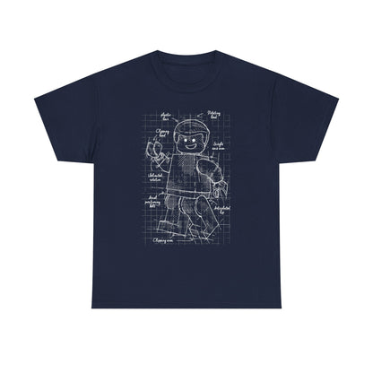 Noble navy men's t-shirt characterized by a creative sketch of an articulated Lego figure blueprint, complete with annotations for a touch of artistry.