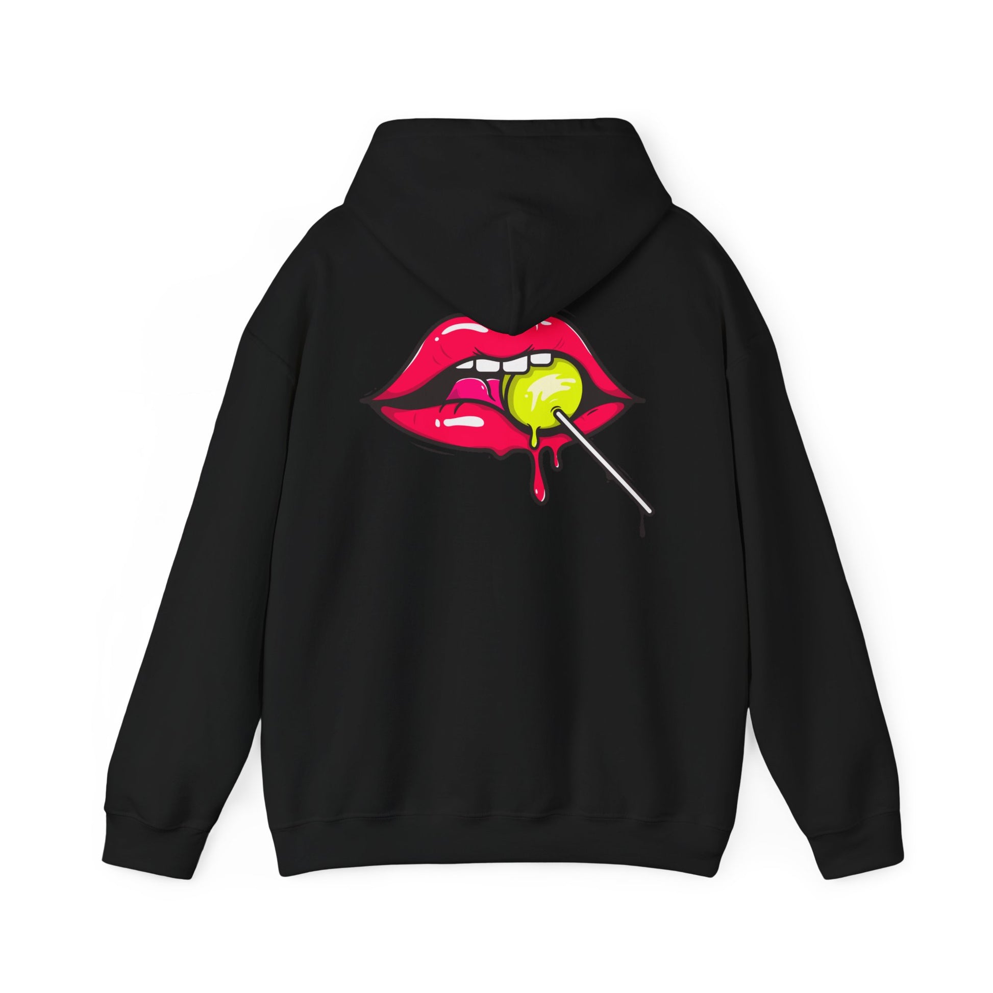 Stylish black hoodie featuring a vibrant graphic of glossy red lips with a green lollipop, a chic statement piece for trendsetters.