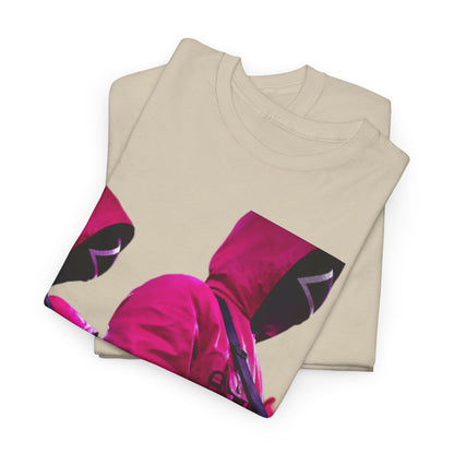 Premium Squid Game Unisex Men’s Women’s Graphic Cotton Funny T Shirt Tee featuring a striking pink design, emphasising a blend of urban style and fun.