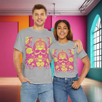 A stylish couple wearing the Skulls and Roses Cotton Tee, showcasing its unisex appeal and vibrant design in a contemporary setting.