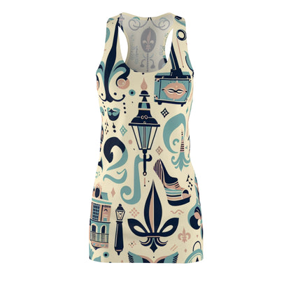 Elegant Valentina Bellucci Racerback Dress by Dazzling Dreams Studio, featuring a pastel jazz-inspired design with intricate Mardi Gras motifs and fleur-de-lis embellishments.