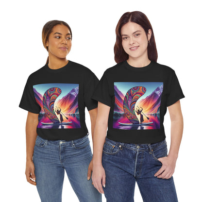 Luxury Paddleboard Adventure T-Shirt displayed on two models, illustrating a stylish fit with a colourful paddleboarding graphic, embodying comfort and love for outdoor sports.