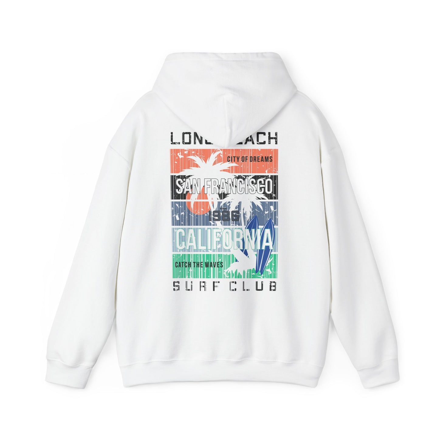 Luxury white hoodie featuring a vibrant San Francisco surf design with palm trees, bold typography, and California coastal colours. Perfect for a stylish casual look.