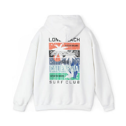 Luxury white hoodie featuring a vibrant San Francisco surf design with palm trees, bold typography, and California coastal colours. Perfect for a stylish casual look.