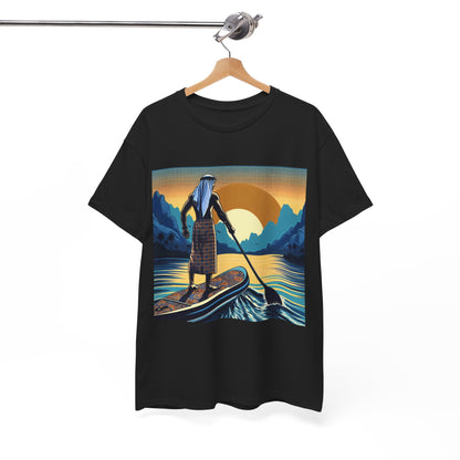 A model wearing the Delightful Paddle Board T-Shirt by Dazzling Dreams Studio, embodying freedom and adventure, ideal for paddleboarding and beach relaxation.