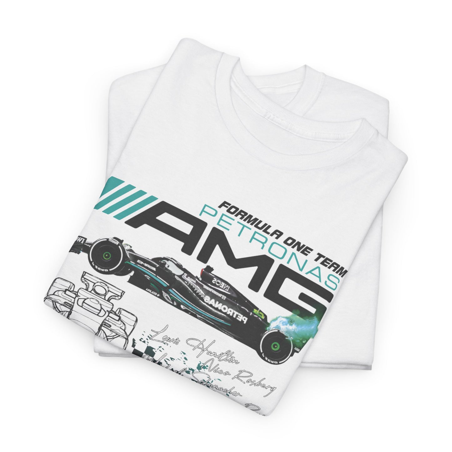 Folded white men's F1 Mercedes AMG Petronas T-shirts displaying vivid car designs and famous driver signatures, a luxurious addition to any racing fan's wardrobe.